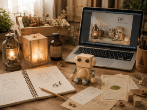 HINOPIKOのデザインフェスタ出展に向けて作品やグッズ制作を進める作業風景